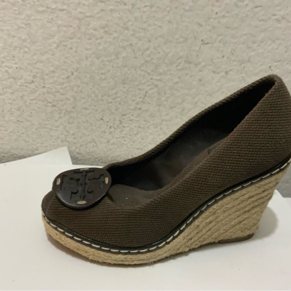 Tory Burch Women Size 5.5 Peep Toe Espadrille Wedge Heel Canvas Brown Shoes